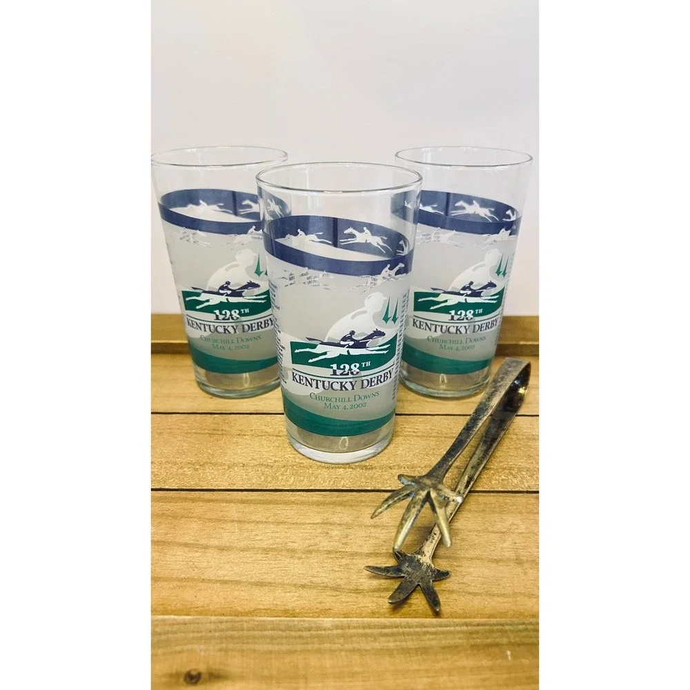 Set of 3 Kentucky Derby Churchill Downs Glasses Set Mint Julep Barware Vintage